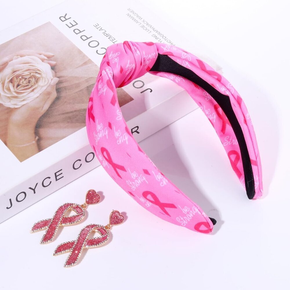 Pink Ribbon Headband and Earrings Set Women Breast Cancer Awareness Gifts - Picture 3 of 4
